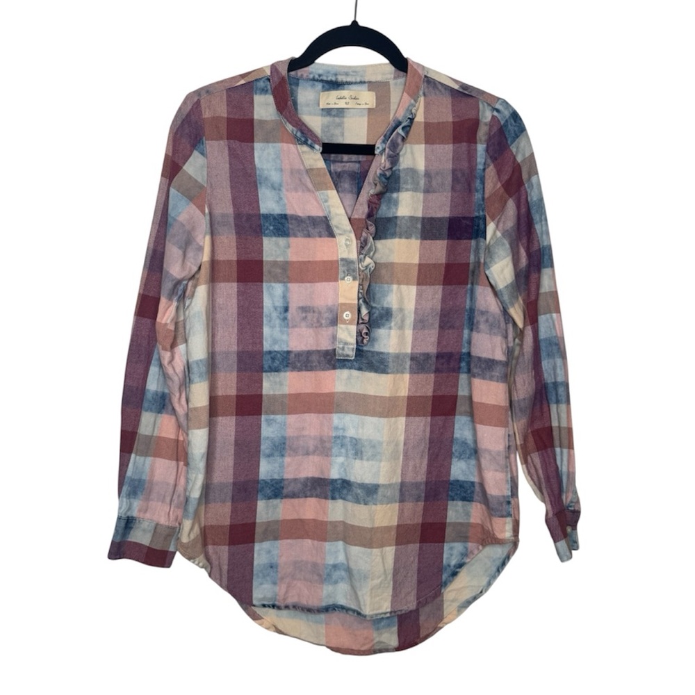 Isabella Sinclair by Anthropologie Plaid Ruffle Button Down top cottage boho - Picture 3 of 8